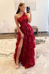 One Shoulder Lace Tulle Tiered Prom Dress Sparkly Sequined Applique Long Maxi Formal Evening Party Gowns 2025 - Bmbride